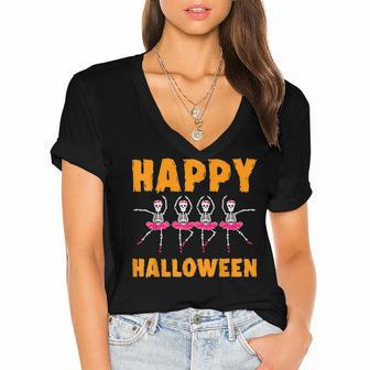 Happy Halloween Lazy Costume Dancing Skeleton Ballerina Women's Jersey Short Sleeve Deep V-Neck Tshirt - Seseable