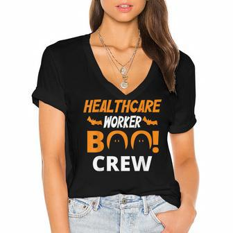 Heathcare Worker Boo Crew Nurse Ghost Funny Halloween Women's Jersey Short Sleeve Deep V-Neck Tshirt - Seseable