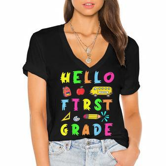 Hello Miss First Grade Back To School Teachers Kida Women's Jersey Short Sleeve Deep V-Neck Tshirt - Seseable