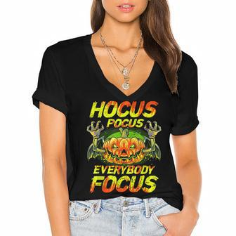 Hocus Pocus Scary Bat Pumpkin Design For Halloween Women's Jersey Short Sleeve Deep V-Neck Tshirt - Seseable