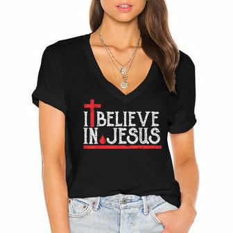 I Believe In Jesus - Christian Faith Cross Blood Women's Jersey Short Sleeve Deep V-Neck Tshirt - Thegiftio UK