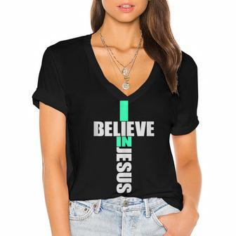 I Believe In Jesus - Cross Christianity Christian Faith Gift Women's Jersey Short Sleeve Deep V-Neck Tshirt - Thegiftio