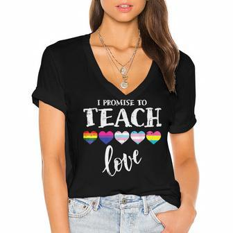 I Promise To Teach Love Lgbtq Pride Lgbt Proud Teacher Women's Jersey Short Sleeve Deep V-Neck Tshirt - Thegiftio UK