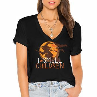 I Smell Children Funny Halloween Witches Costume Women's Jersey Short Sleeve Deep V-Neck Tshirt - Seseable