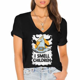 I Smell Children Funny Witches Halloween Costume Women's Jersey Short Sleeve Deep V-Neck Tshirt - Seseable