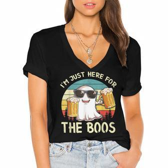 Im Just Here For The Boos Funny Halloween Beer Lovers Drink Women's Jersey Short Sleeve Deep V-Neck Tshirt - Thegiftio UK