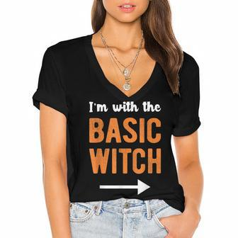 Im With The Basic Witch Matching Couple Halloween Costume Women's Jersey Short Sleeve Deep V-Neck Tshirt - Seseable