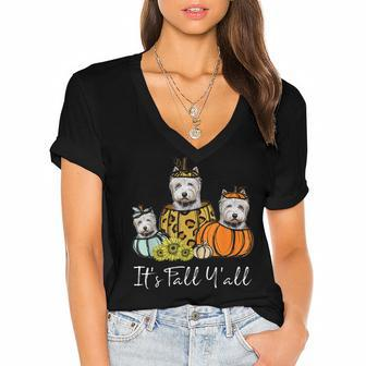 Its Fall Yall Westie Dog Leopard Pumpkin Falling Autumn  Women's Jersey Short Sleeve Deep V-Neck Tshirt