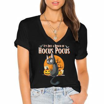 Its Just A Bunch Of Hocus Pocus Cat Fall Halloween Women's Jersey Short Sleeve Deep V-Neck Tshirt - Seseable