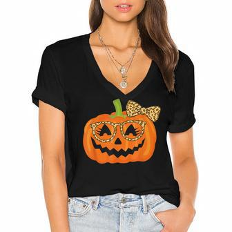 Jack O Lantern Face Pumpkin Halloween Leopard Print Glasses V6 Women's Jersey Short Sleeve Deep V-Neck Tshirt - Seseable