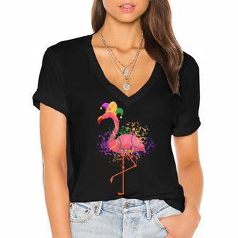 Jester Pink Flamingo Bird Animal Cute Mardi Gras Carnival Women's Jersey Short Sleeve Deep V-Neck Tshirt - Thegiftio UK