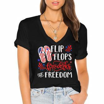 July 4Th Flip Flops Fireworks & Freedom 4Th Of July Party V2 Women's Jersey Short Sleeve Deep V-Neck Tshirt - Seseable
