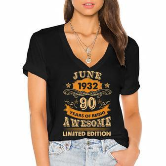 June 90 Year Old Vintage 1932 90Th Birthday Women's Jersey Short Sleeve Deep V-Neck Tshirt - Seseable