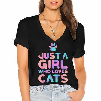 Just A Girl Who Loves Cats Cute Cat Lover Women's Jersey Short Sleeve Deep V-Neck Tshirt - Seseable