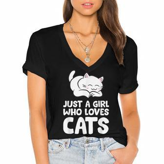 Just A Girl Who Loves Cats Women's Jersey Short Sleeve Deep V-Neck Tshirt - Seseable
