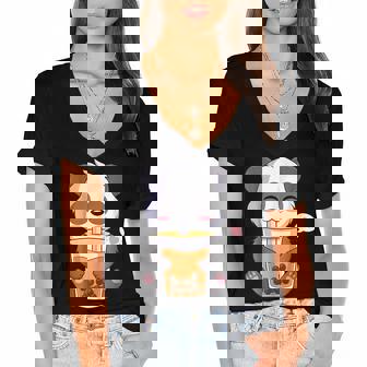 Kawaii Cute Anime Panda Otaku Japanese Bubble Boba Tea Gifts Women's Jersey Short Sleeve Deep V-Neck Tshirt - Thegiftio