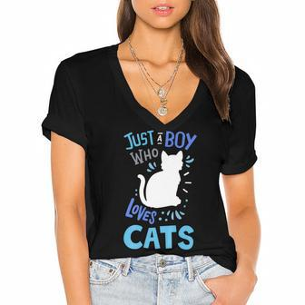 Kids Cat Just A Boy Who Loves Cats Gift For Cat Lovers Women's Jersey Short Sleeve Deep V-Neck Tshirt - Seseable