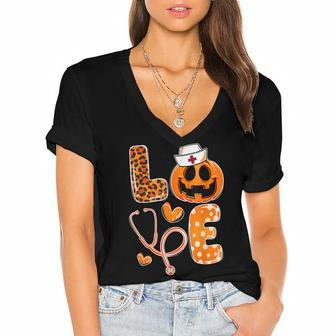 Leopard Love Cna Halloween Nurse Doctor Pumpkin Fall Women's Jersey Short Sleeve Deep V-Neck Tshirt - Seseable