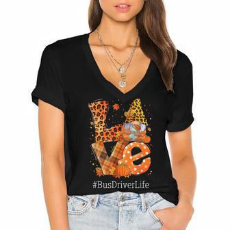 Leopard Love Gnome Fall Pumpkin Bus Driver Life Thanksgiving V2 Women's Jersey Short Sleeve Deep V-Neck Tshirt - Seseable
