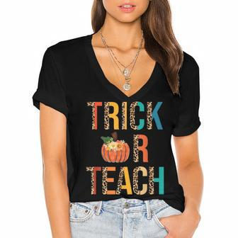 Leopard Trick Or Teach Pumpkin Teacher Halloween Costume Women's Jersey Short Sleeve Deep V-Neck Tshirt - Seseable