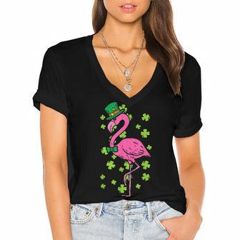 Leprechaun Flamingo Shamrock St Patricks Day Animal Gifts Women's Jersey Short Sleeve Deep V-Neck Tshirt - Thegiftio UK