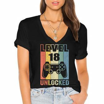 Level 18 Unlocked 18Th Video Gamer Birthday Boy Gift V2 Women's Jersey Short Sleeve Deep V-Neck Tshirt - Seseable