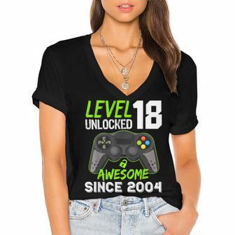 Level 18 Unlocked Awesome 2004 Video Game 18Th Birthday Women's Jersey Short Sleeve Deep V-Neck Tshirt - Thegiftio UK