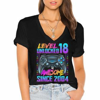 Level 18 Unlocked Awesome Since 2004 18Th Birthday Gaming Women's Jersey Short Sleeve Deep V-Neck Tshirt - Seseable