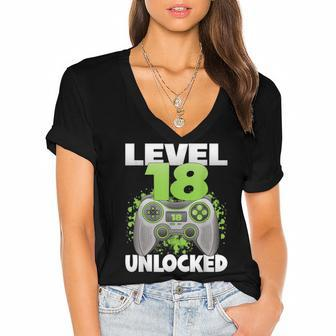 Level 18 Unlocked Video Gaming 18Th Birthday 2004 Gamer Game Women's Jersey Short Sleeve Deep V-Neck Tshirt - Seseable