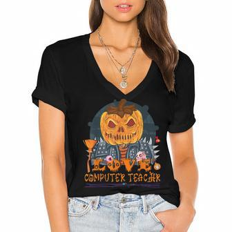 Love Computer Teacher Scary Halloween Costume - Funny School Women's Jersey Short Sleeve Deep V-Neck Tshirt - Thegiftio UK