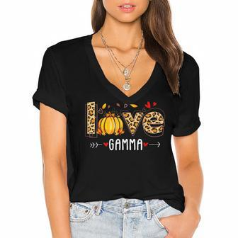 Love Gamma Leopard Print Pumpkin Halloween Cute Grandma Women's Jersey Short Sleeve Deep V-Neck Tshirt - Seseable