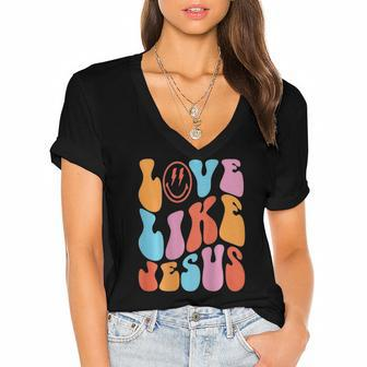 Love Like Jesus Smiley Face Aesthetic Trendy Clothing Women's Jersey Short Sleeve Deep V-Neck Tshirt | Mazezy