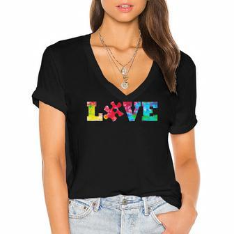Love Puzzle Pieces Heart Autism Awareness Tie Dye Gifts Women's Jersey Short Sleeve Deep V-Neck Tshirt | Mazezy