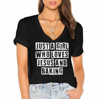 Lovely Funny Cool Sarcastic Just A Girl Who Loves Jesus And Women's Jersey Short Sleeve Deep V-Neck Tshirt - Thegiftio UK