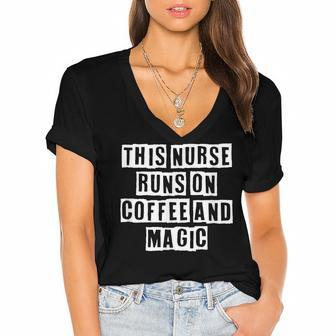 Lovely Funny Cool Sarcastic This Nurse Runs On Coffee And Women's Jersey Short Sleeve Deep V-Neck Tshirt - Thegiftio UK