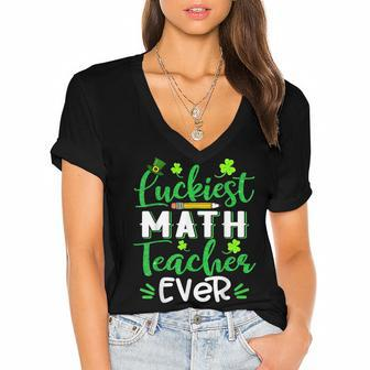 Luckiest Math Teacher Ever Funny Shamrock St Patricks Day Women's Jersey Short Sleeve Deep V-Neck Tshirt - Thegiftio UK