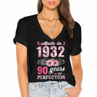 Made In 1932 Floral 90 Years Old 90Th Birthday Gift Women's Jersey Short Sleeve Deep V-Neck Tshirt - Seseable
