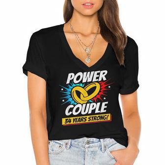 Married 34 Years Power Couple 34Th Wedding Anniversary Women's Jersey Short Sleeve Deep V-Neck Tshirt - Seseable