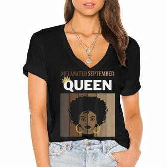 Melanated September Queen African American Woman Birthday Women's Jersey Short Sleeve Deep V-Neck Tshirt - Thegiftio UK