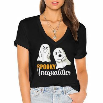 Men Halloween Math Teacher Spooky Inequalities Ghosts Women's Jersey Short Sleeve Deep V-Neck Tshirt - Thegiftio UK