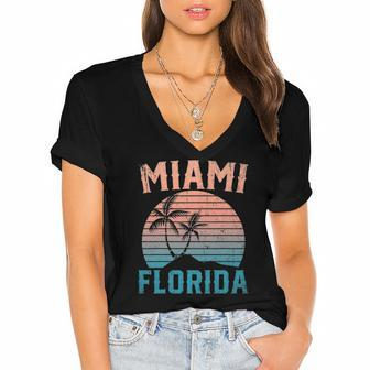 Miami Beach Tropical Summer Vacation Retro Miami Florida Women's Jersey Short Sleeve Deep V-Neck Tshirt | Mazezy