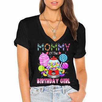 Mommy Of The Birthday Girl Candyland Candy Birthday Party Women's Jersey Short Sleeve Deep V-Neck Tshirt - Seseable