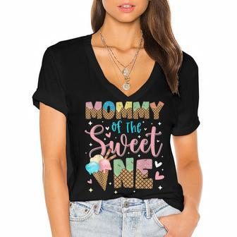 Mommy Of The Sweet One Birthday Ice Cream Outfit Family Women's Jersey Short Sleeve Deep V-Neck Tshirt - Thegiftio UK