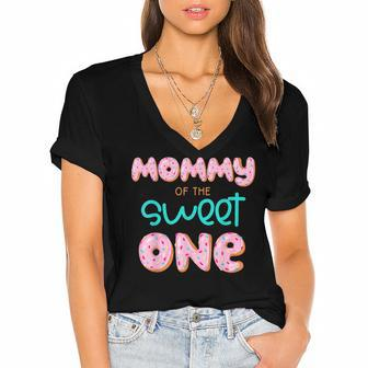 Mommy Of The Sweet One First Birthday Matching Family Donut Women's Jersey Short Sleeve Deep V-Neck Tshirt - Thegiftio UK