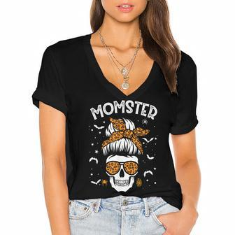 Momster Halloween Costume Skull Mom Messy Hair Bun Monster Women's Jersey Short Sleeve Deep V-Neck Tshirt - Seseable
