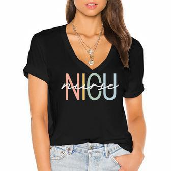 Nicu Nurse Icu Neonatal Boho Rainbow Team Tiny Humans Retro V3 Women's Jersey Short Sleeve Deep V-Neck Tshirt - Seseable