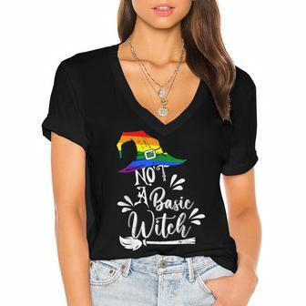 Not A Basic Witch Rainbow Witch Lgbt Halloween Lesbian Pride Women's Jersey Short Sleeve Deep V-Neck Tshirt - Seseable