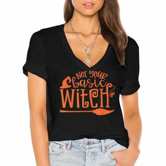 Not Your Basic Witch Witchy Witch Vibes Halloween Costume Women's Jersey Short Sleeve Deep V-Neck Tshirt - Seseable