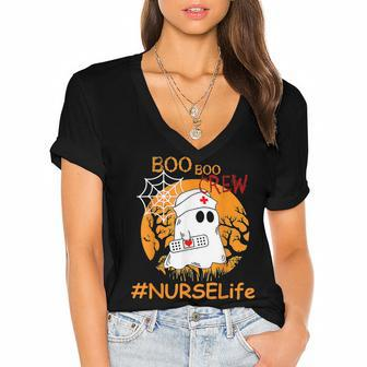 Nurse Life Boo Boo Crew Nurse Ghost Halloween October Women's Jersey Short Sleeve Deep V-Neck Tshirt - Seseable