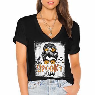 One Spooky Mama For Halloween Messy Bun Mom Monster Bleached V5 Women's Jersey Short Sleeve Deep V-Neck Tshirt - Seseable